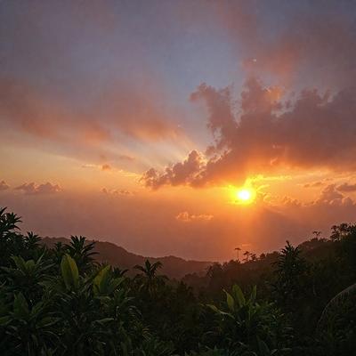 The primary subject of the image is a beautiful sunset, with the sun setting behind a cloudy sky. The setting is a lush green forest, with trees and bushes surrounding the sunset. The visual style of the image is a photo, capturing the natural beauty of the sunset and the forest. The colors and mood of the image are warm and serene, with the sunset casting a warm glow over the landscape.